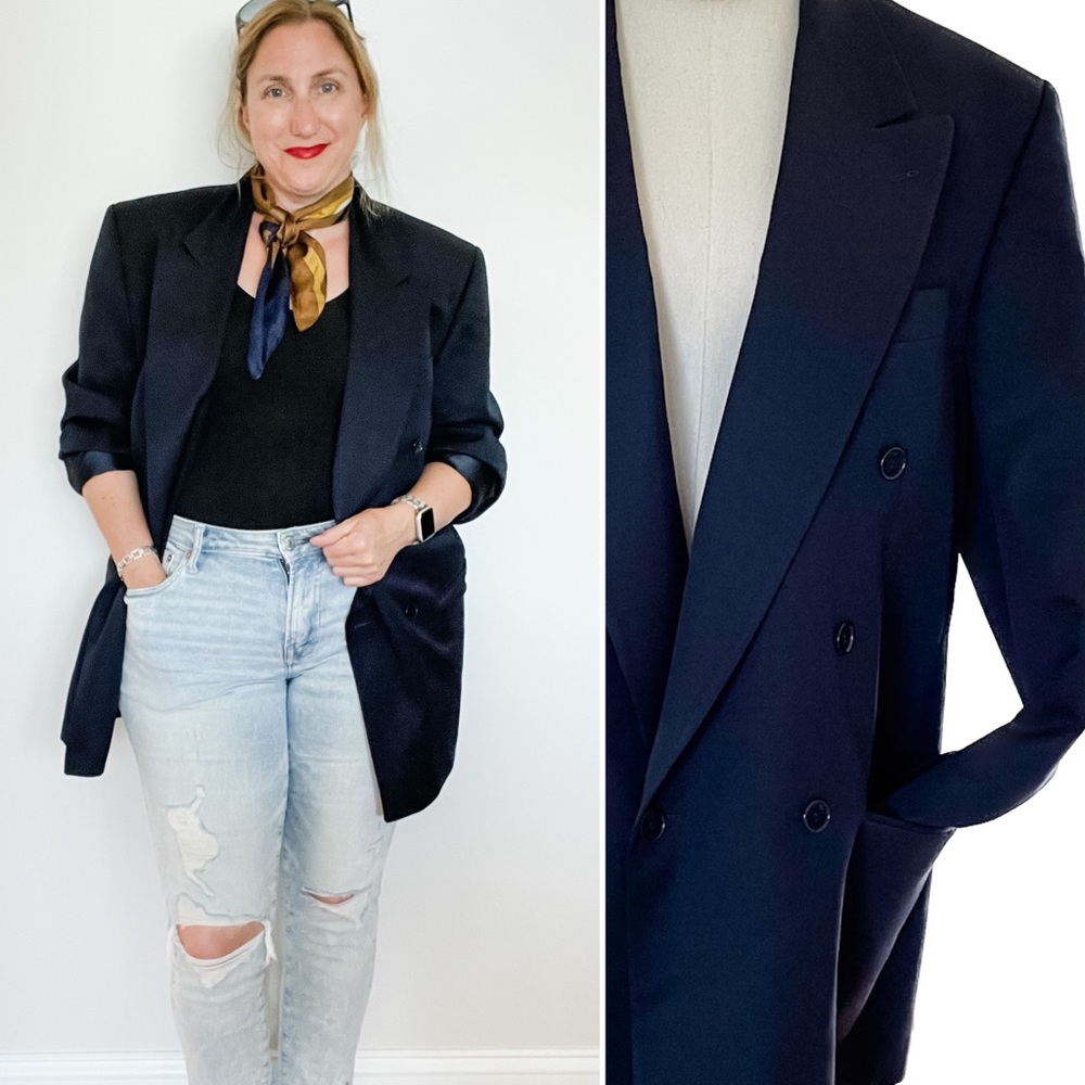 Vintage 100% wool navy blue double breasted peak lapel blazer jacket 41R